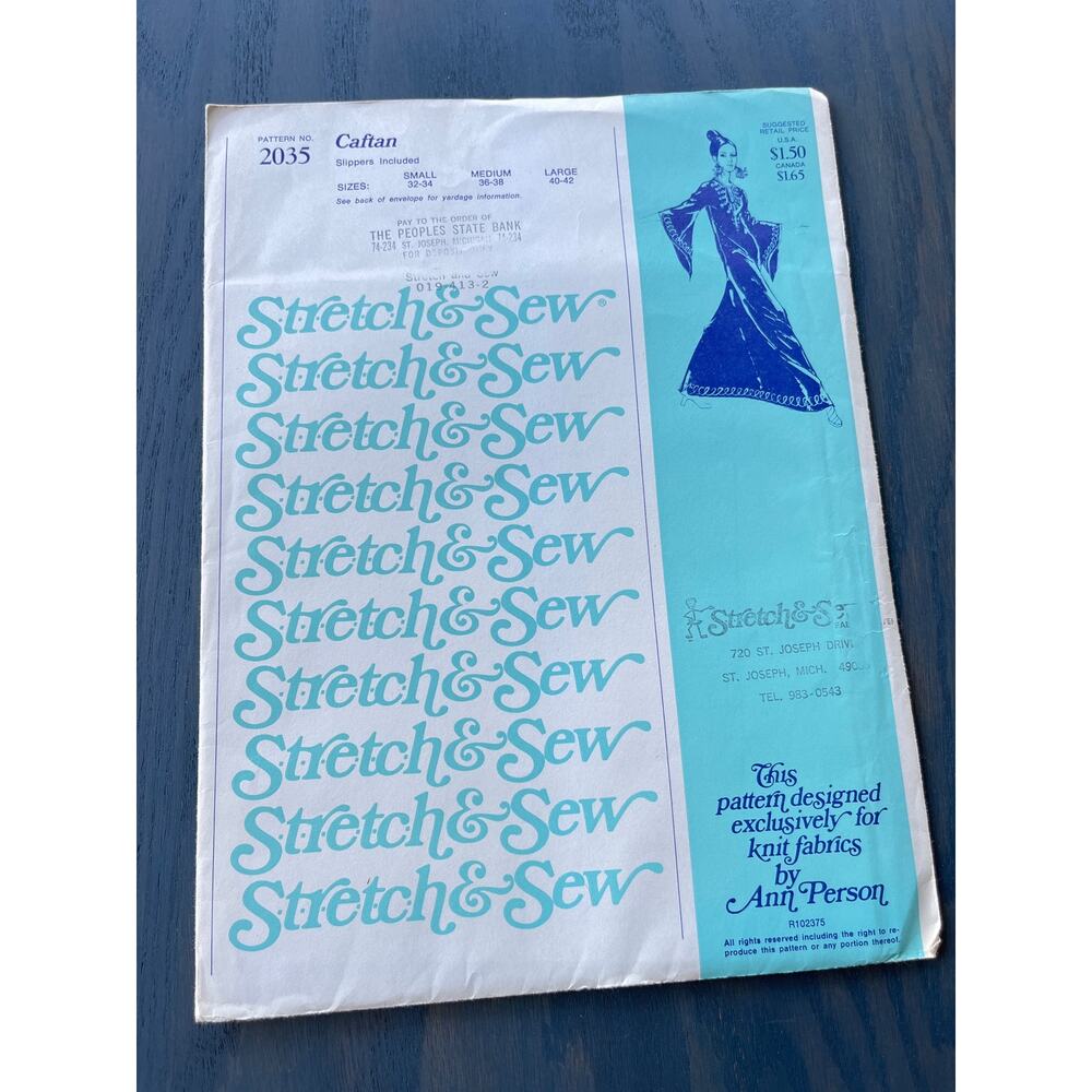 Stretch & Sew No 2035 1974 Vintage Caftan Sewing Pattern Uncut